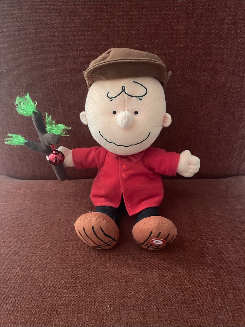 Charlie Brown Plush Doll in Red Jacket and Brown Hat and bell